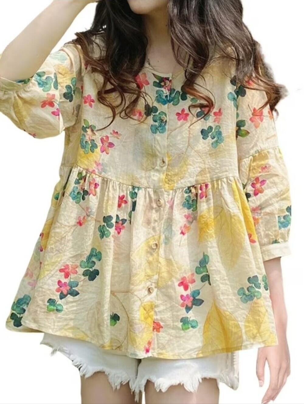 Women'S Yellow Floral Print Button-Front Peplum Top Sz 2XL